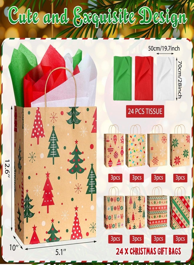 Pascliyna 24 Large Christmas Gift Bags with Handles 10 X 13 X 5'', Bulk Large Christmas Bags for Gifts with 24 Tissue Paper, 8 Styles Xmas Kraft Paper Gift Bags for Wrapping Xmas Holiday Presents - Image 2